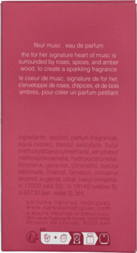Tył różowego opakowania perfum Narciso Rodriguez Fleur Musc, z białym tekstem i ikonami.