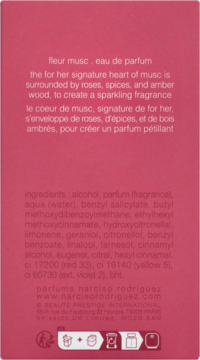 Tył opakowania Fleur Musc for Her Narciso Rodriguez eau de parfum, ciemnoróżowa etykieta z białym tekstem i listą składników.
