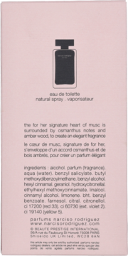 Tył opakowania perfum Narciso Rodriguez For Her Eau de Toilette w różowym pudełku z czarną ilustracją butelki, skład.