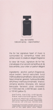 Tył różowego opakowania Narciso Rodriguez For Her eau de toilette z grafiką butelki i składem.