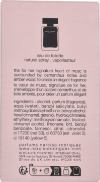 Tył różowego opakowania perfum Narciso Rodriguez For Her EDT, z czarnym symbolem flakonu i opisem składników.