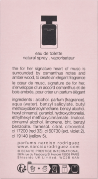 Tył różowego opakowania Narciso Rodriguez For Her eau de toilette z czarną ilustracją butelki i listą składników.