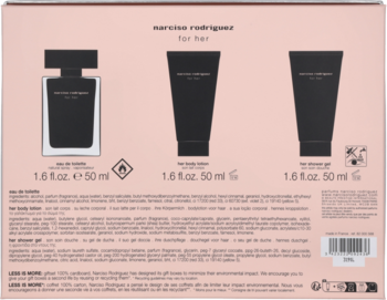 Tył zestawu All Of Me Narciso Rodriguez dla kobiet: perfumy, balsam, żel w czarnych tubkach, widoczne składy.