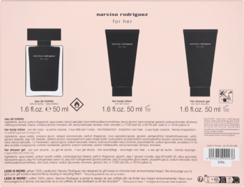 Tył zestawu Narciso Rodriguez All Of Me z czarnymi butelkami: woda toaletowa, balsam, żel 50ml, na różowym tle.