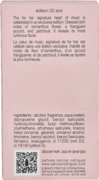 Tył różowego opakowania perfum Narciso Rodriguez For Her, edycja 20 lat, z nutami osmantusa, frangipani i paczuli.
