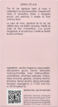 Tył różowego opakowania perfum Narciso Rodriguez For Her édition 20 ans, z opisem nut zapachowych, składem i kodem QR.