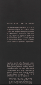 Tył czarnego opakowania Narciso Rodriguez Musc Noir Eau de Parfum z listą składników i opisem zapachu.