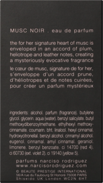 Tył ciemnego opakowania Narciso Rodriguez Musc Noir eau de parfum, z opisem zapachu i listą składników.