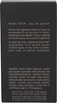 Tył czarnego opakowania perfum Narciso Rodriguez Musc Noir eau de parfum, z białym tekstem i listą składników.