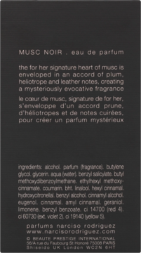 Tył opakowania Narciso Rodriguez For Her Musc Noir eau de parfum z opisem zapachu i składnikami.