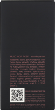 Tył czarnego opakowania perfum Narciso Rodriguez Musc Noir Rose z czerwonymi składnikami i kodem QR.