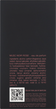 Tył czarnego opakowania perfum Narciso Rodriguez Musc Noir Rose z listą składników i kodem QR.