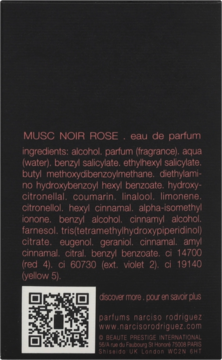 Tył czarnego opakowania perfum Narciso Rodriguez Musc Noir Rose z listą składników i kodem QR.
