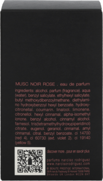 Tył czarnego opakowania perfum Narciso Rodriguez Musc Noir Rose z listą składników i QR kodem.