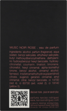 Tył czarnego opakowania perfum MUSC NOIR ROSE z listą składników, danymi producenta i kodem QR.