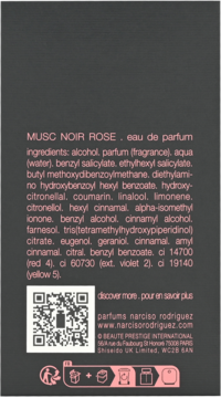 Tył opakowania Musc Noir Rose eau de parfum, składniki na czarnym tle, QR kod, marka Narciso Rodriguez.