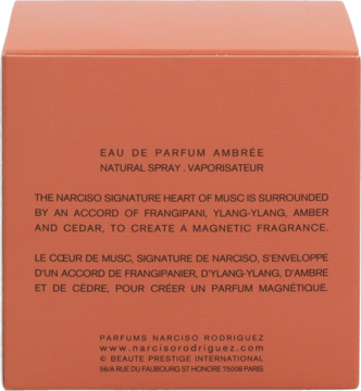 Tył bursztynowego opakowania Narciso Eau de Parfum Ambr&eacute;e z informacjami o zapachu frangipani, ylang-ylang.