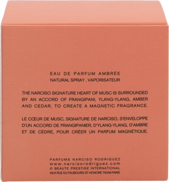 Tył opakowania Narciso Eau de Parfum Ambrée, brzoskwiniowe z opisem nut zapachowych po francusku i angielsku.