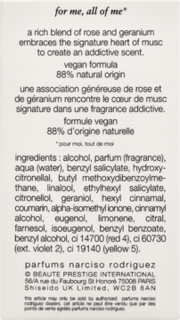 Tył etykiety Narciso Rodriguez All Of Me z pełnym składem INCI, opisem zapachu róży, geranium i piżma.