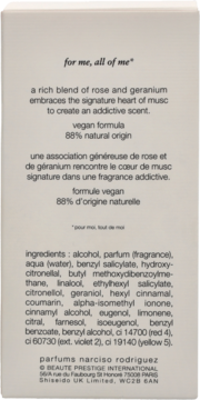 Tył opakowania perfum Narciso Rodriguez All Of Me, beżowe pudełko z czarnym tekstem i listą składników.