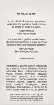 Tył wody perfumowanej All Of Me Narciso Rodriguez, białe tło, widoczny skład i opis zapachu.