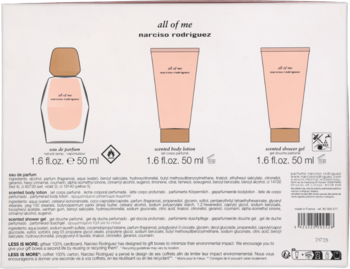 Tył opakowania zestawu Narciso Rodriguez All of Me: woda perfumowana, balsam i żel pod prysznic 50ml, pastelowe butelki i tubki.
