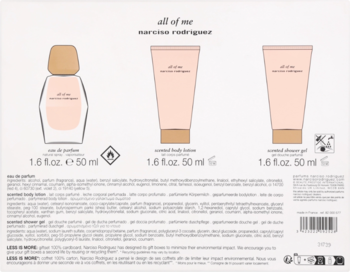 Tył jasnego opakowania zestawu Narciso Rodriguez All of Me: perfumy, balsam, żel po 50ml.