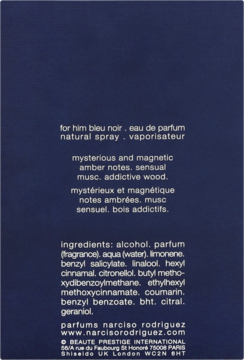 Tył ciemnoniebieskiego opakowania Narciso Rodriguez for Him Bleu Noir eau de parfum, z widocznymi nutami zapachowymi i składnikami.