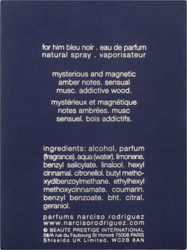 Tył ciemnoniebieskiego opakowania Narciso Rodriguez For Him Bleu Noir Eau de Parfum z białą listą składników.