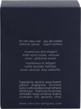 Tył ciemnogranatowego opakowania Narciso Rodriguez For Him Bleu Noir EDT z białym tekstem i składem.