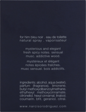 Tył ciemnego opakowania męskiej wody toaletowej Narciso Rodriguez Bleu Noir z opisem i składnikami.