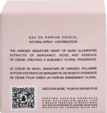 Tył jasnoróżowego opakowania perfum Narciso Rodriguez Cristal EDP z opisem nut zapachowych i kodem QR.