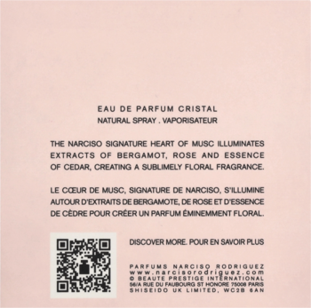 Tył jasnoróżowego opakowania perfum Narciso Rodriguez Cristal z czarnym tekstem i kodem QR.