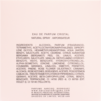Tył opakowania perfum Narciso Rodriguez Cristal, jasnoróżowy, z listą składników i tekstem Eau de Parfum.