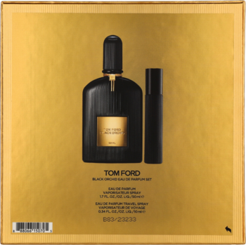 Zestaw Tom Ford Black Orchid EDP 50ml i 10ml, czarne flakony z złotymi akcentami na tle złotego pudełka.