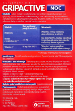 GRIPACTIVE Noc ,saszetki, Melatonina + Lipa + Wit.C, suplement diety,tył
