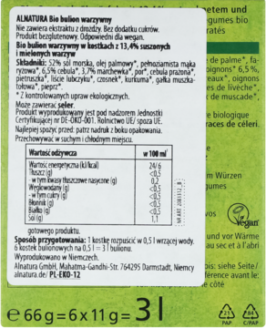 Tył opakowania bulionu warzywnego Alnatura Bio, zielono-biały kartonik z etykietą, widoczne składniki i wartości odżywcze.