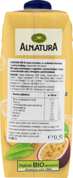 Tył kartonu napoju Alnatura Bio z czarną herbatą i marakują. Widoczne składniki i wartości odżywcze.