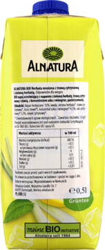 Tył jasnożółtego kartonu ALNATURA BIO Napój herbaciany 0,5L z trawą cytrynową, zieloną herbatą, widoczna tabela odżywcza.