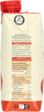 Tył opakowania soku Alnatura Apple Mango, karton z informacjami o składnikach i wartościach odżywczych.