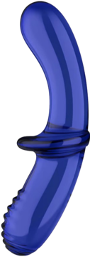 Zakrzywiony, ciemnoniebieski dildo z żebrowanym końcem i ozdobnym pierścieniem pośrodku, widok z przodu.