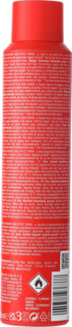 Tył czerwonej puszki lekkiego sprayu OSiS Velvet do włosów, z białym tekstem, kodem QR i symbolem zagrożenia.