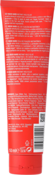 Tył czerwonej tubki kleju do włosów OSiS Rock Hard 150ml z białym tekstem i kodem kreskowym, mocne utrwalenie.