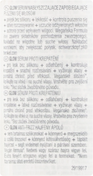 Tył etykiety serum nabłyszczającego OSiS+ Glow, instrukcje wielojęzyczne. Opisuje cechy anti-frizz i połysk.