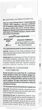 Białe pudełko odżywki Delia Power Oil do brwi, widok boku z polskim i angielskim opisem i instrukcją.