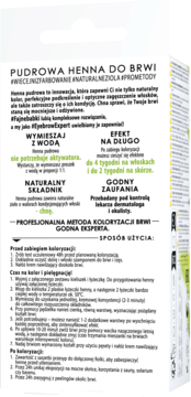 Tył opakowania pudrowej henny do brwi z polskimi instrukcjami i opisem efektów na włosach i skórze.