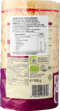 Tył opakowania wafli z soczewicy Alnatura z etykietą wartości odżywczych, bio i vegan logo.