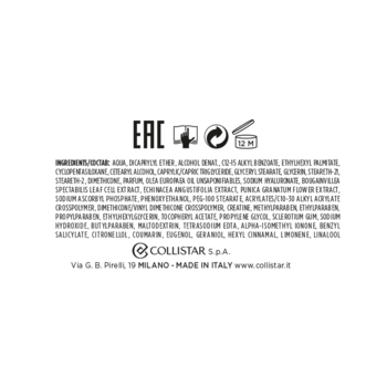 Tył opakowania Collistar kremu ujędrniającego do ciała z aktywatorem kolagenu, z listą składników, logo i symbolami.