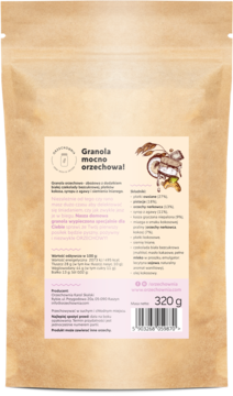 ORZECHOWNIA ,granola orzechowo-zbożowa, Orzechy nerkowca z pistacjami, kokosem i białą czekoladą,tył
