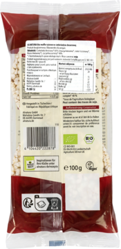 Tył biało-czerwonego opakowania Alnatura Bio Wafli ryżowych 100g. Widoczny skład, tabela wartości odżywczych, certyfikaty BIO i Vegan.